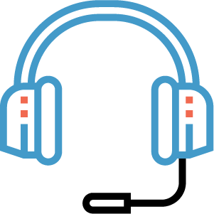 A blue line art icon of comfy headphones with microphone symbolizing customer support.