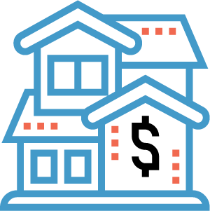 Blue icon shows intersecting houses with a dollar symbol, implying real estate investment.