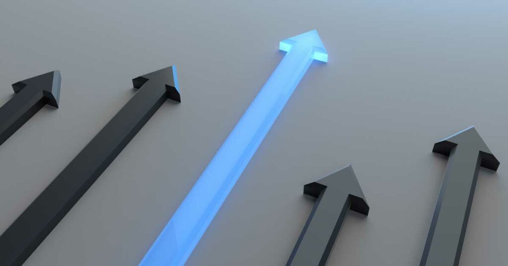 Five 3D arrows soar upwards, with a distinctive glowing blue arrow outshining others against a gray backdrop.