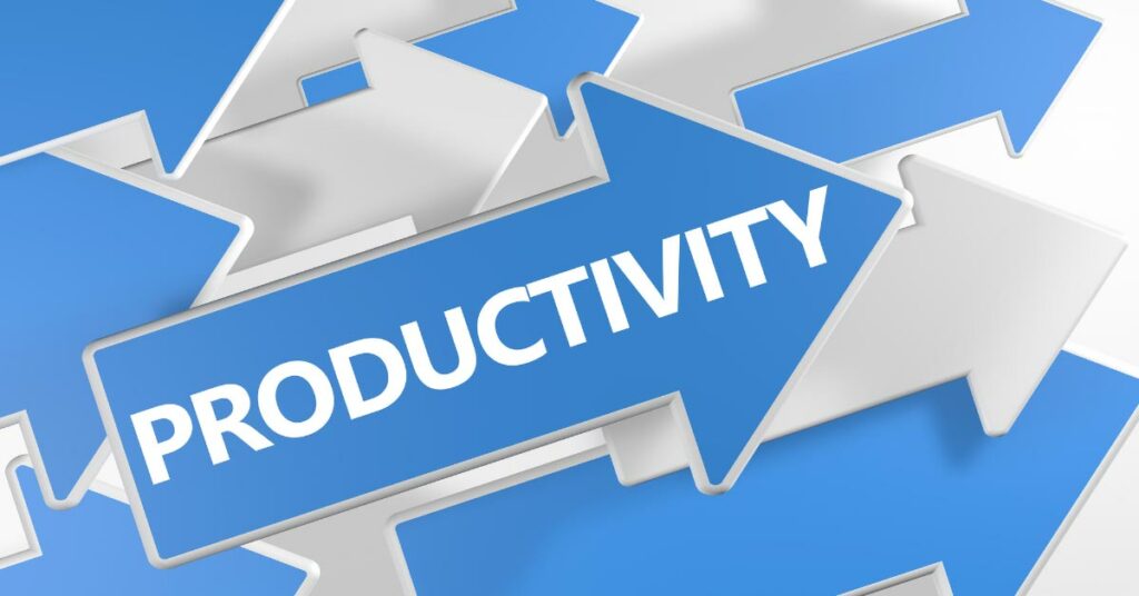 A 3D illustration features various blue and white arrows, with the central one labelled "productivity" pointing right, symbolizing progress in business.